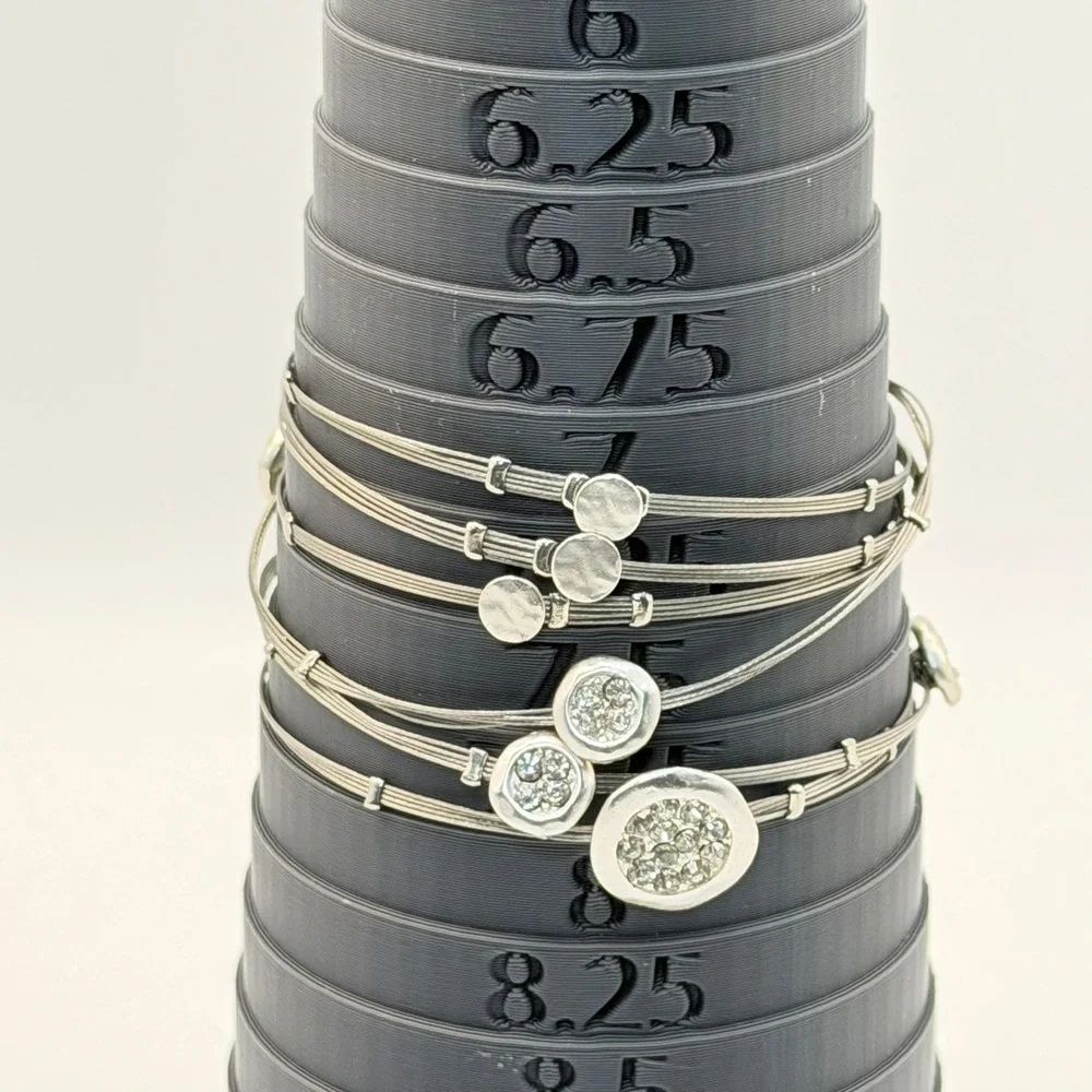 Silver Tone Multi Strand Wire Bangle Set Rhinestone Disc Boho Chic Bracelets